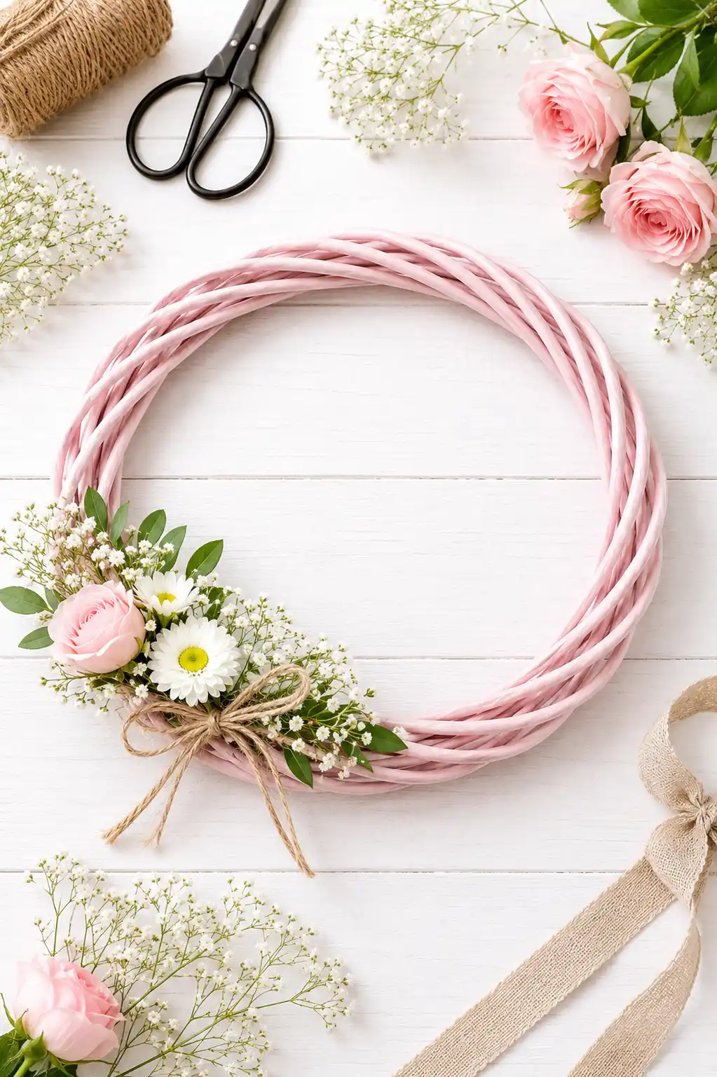 Dekoratif Hasır Kapı Süsü / Çelenk (Mavi & Pembe) – 25 cm