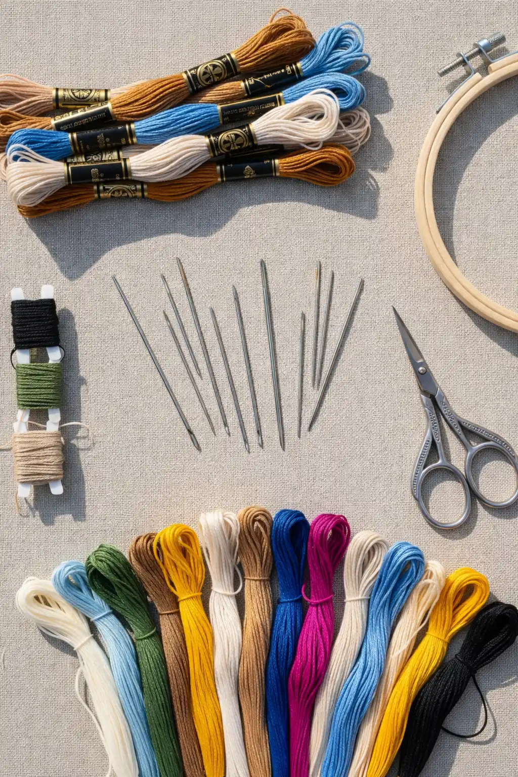 Embroidery tools and colorful floss arrangement