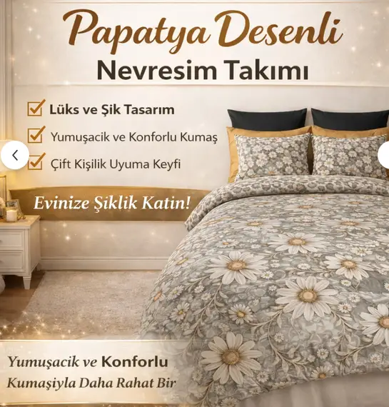 3D %100 Pamuklu Çift Kişilik Nevresim Takımı Lastikli Çarşaflı
